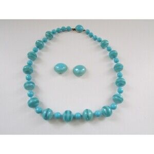 Vtg Austrian Turquoise Big Bead 22" Necklace/Matching Round Clip On Earrings
